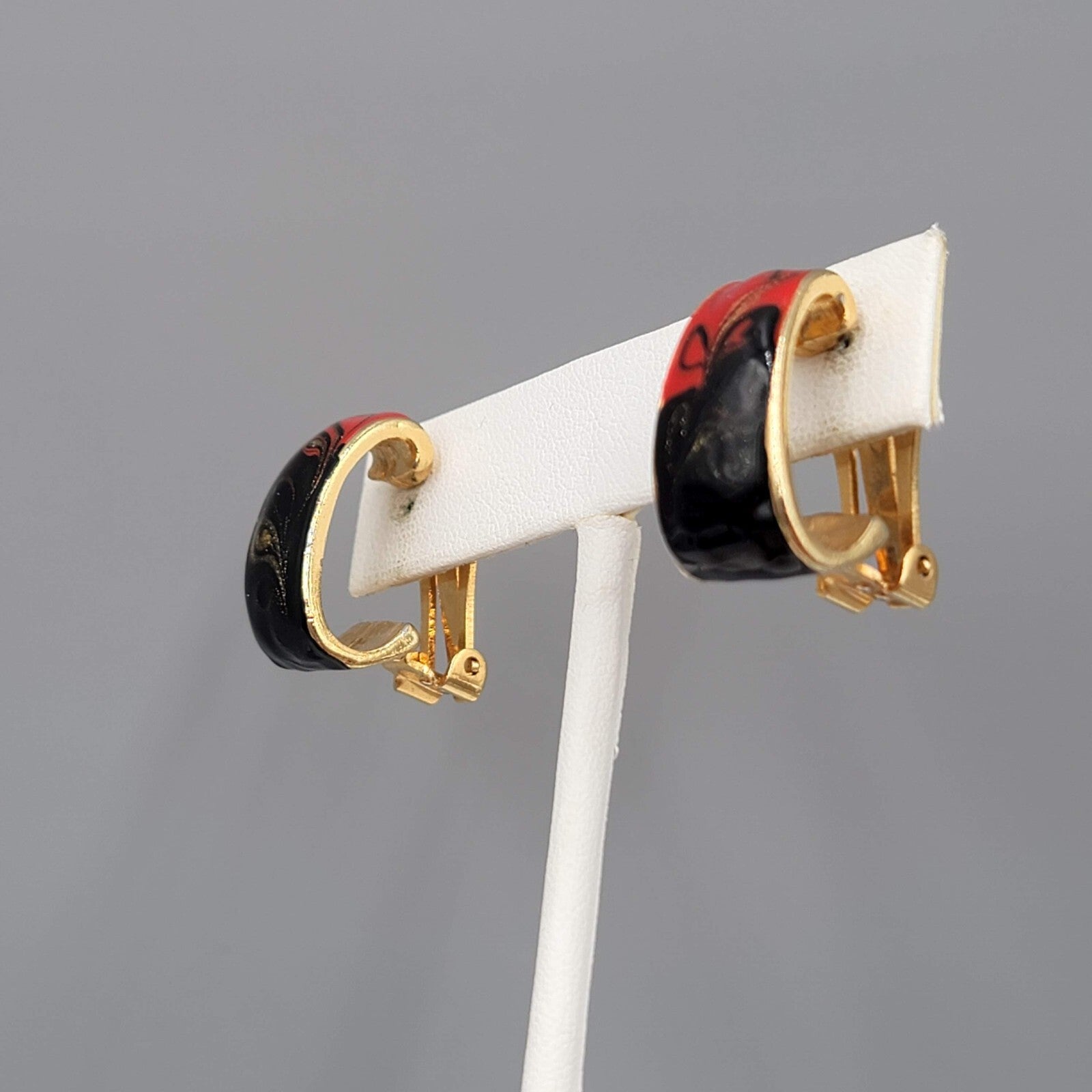 Vintage Clip on Earrings Red Black Enamel Half Hoop Gold tone 3/4"