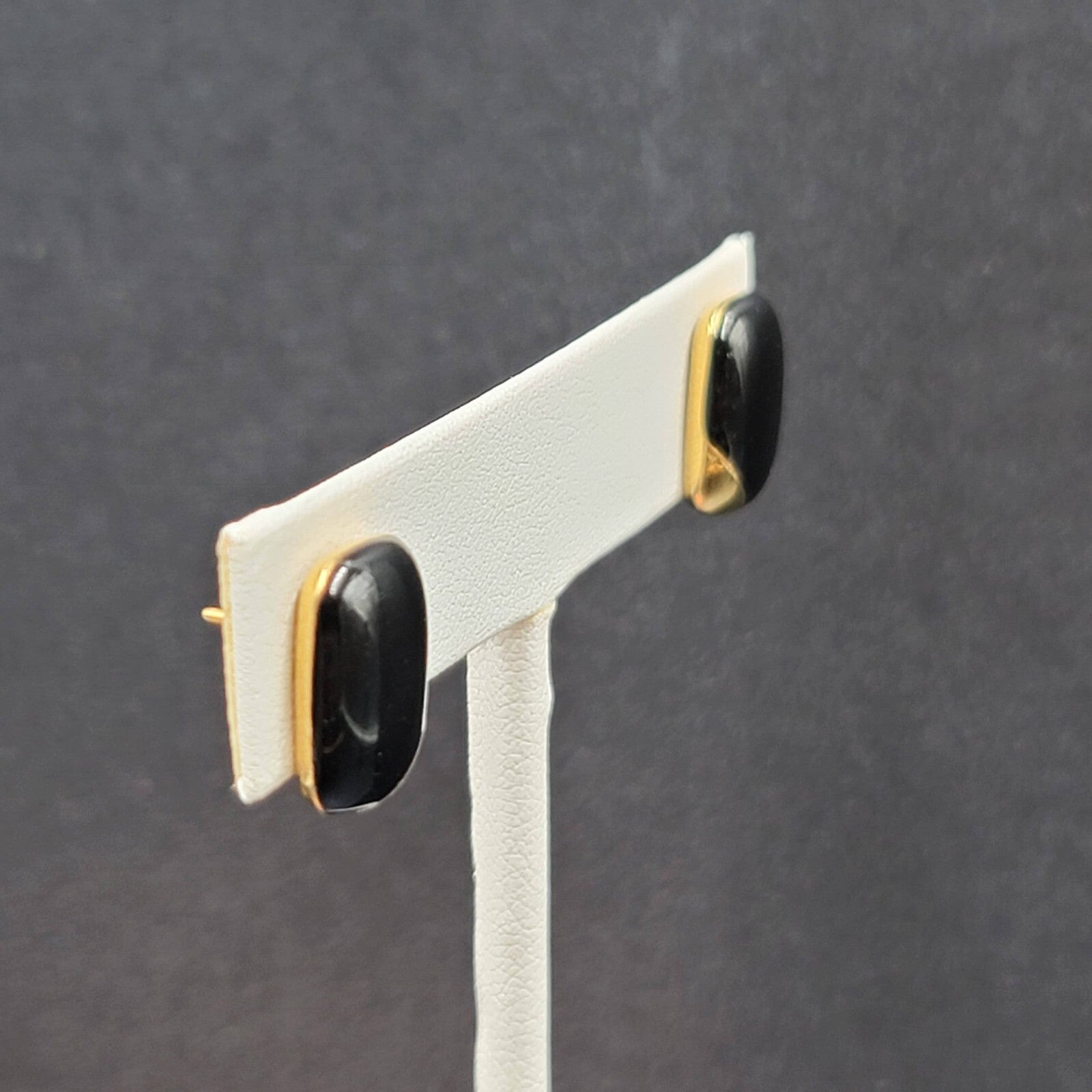 Vintage Pierced Earrings Gold Plated Black Enamel Rectangle Studs 1/2"