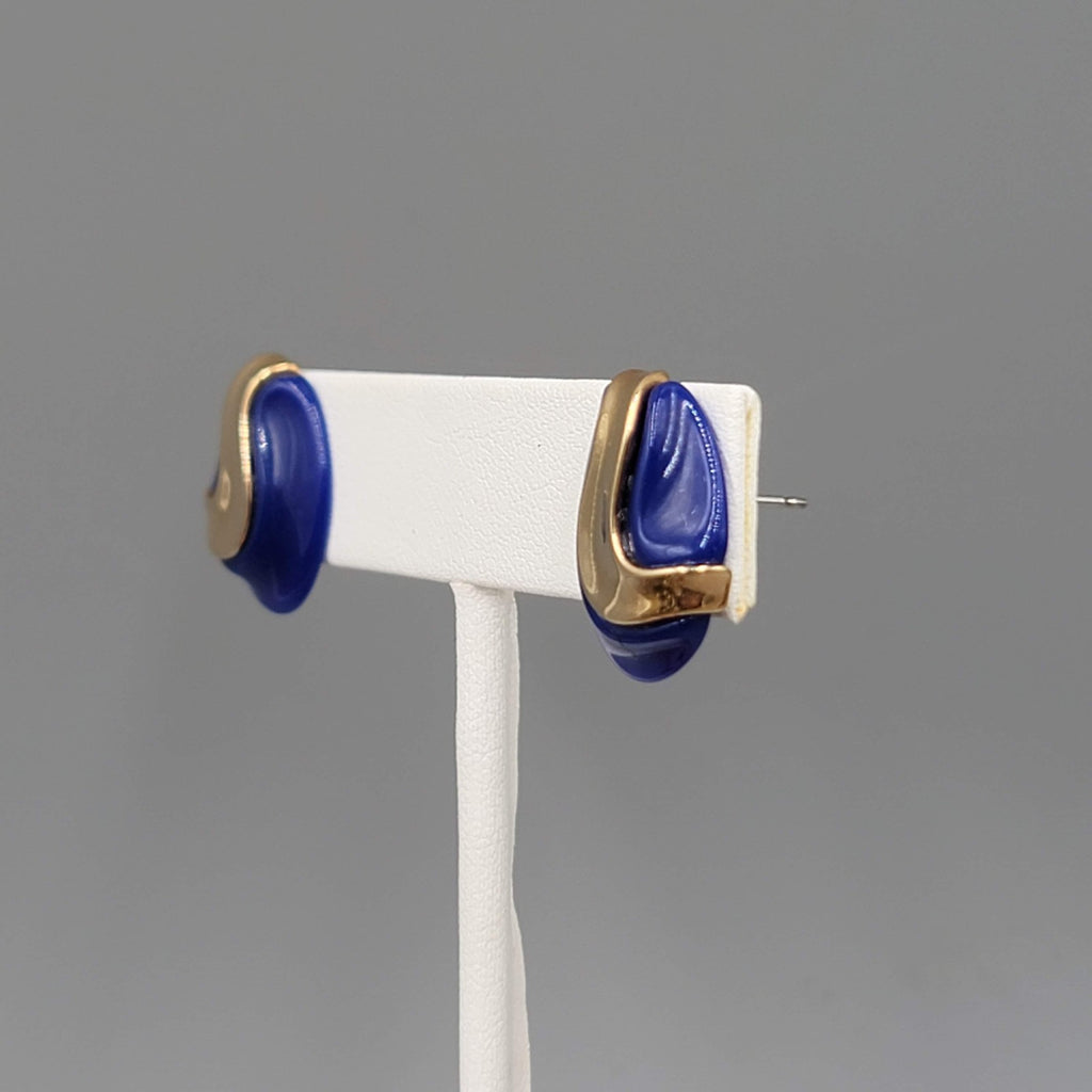 Vintage Blue Oval Pierced Earrings Gold tone Drop 3/4"