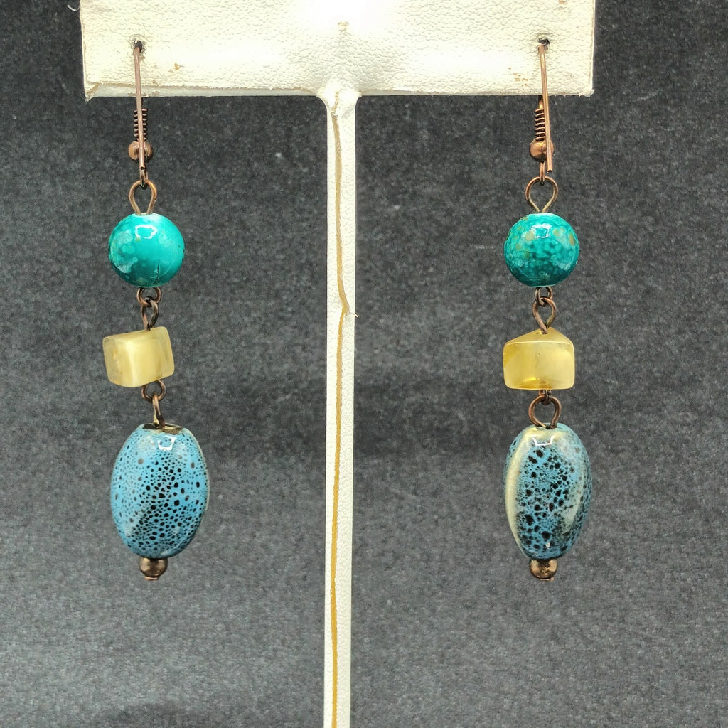 Pierced Earrings Blue Green Art Pottery Beaded Statement Dangle 2"