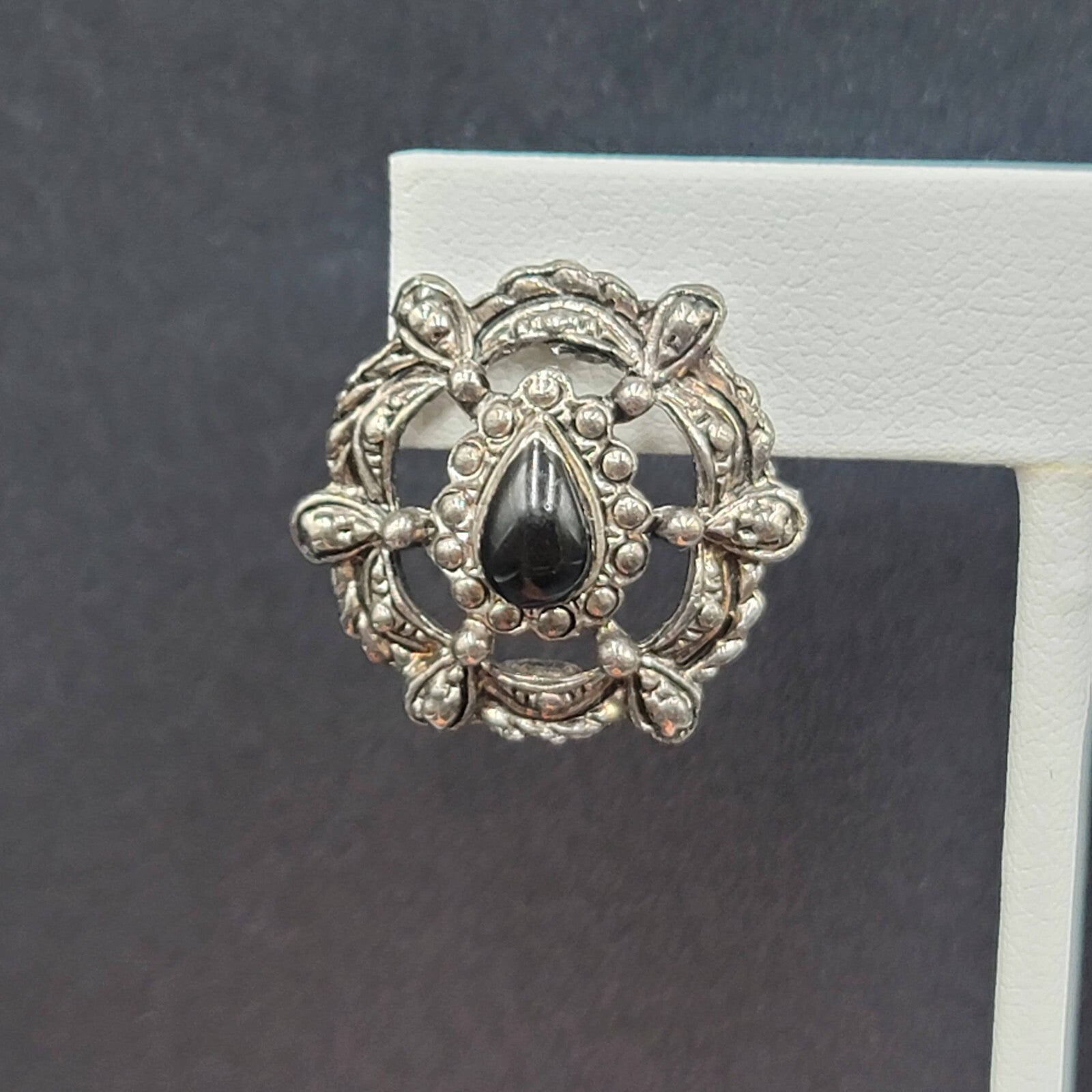 Vintage Pierced Earrings Silver tone Black Teardrop Stone Embossed Drop 1.75"
