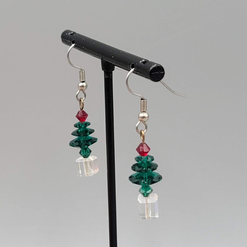 Crystal Stacked Bead Christmas Tree Pierced Earrings Silver tone Dangle 1 in