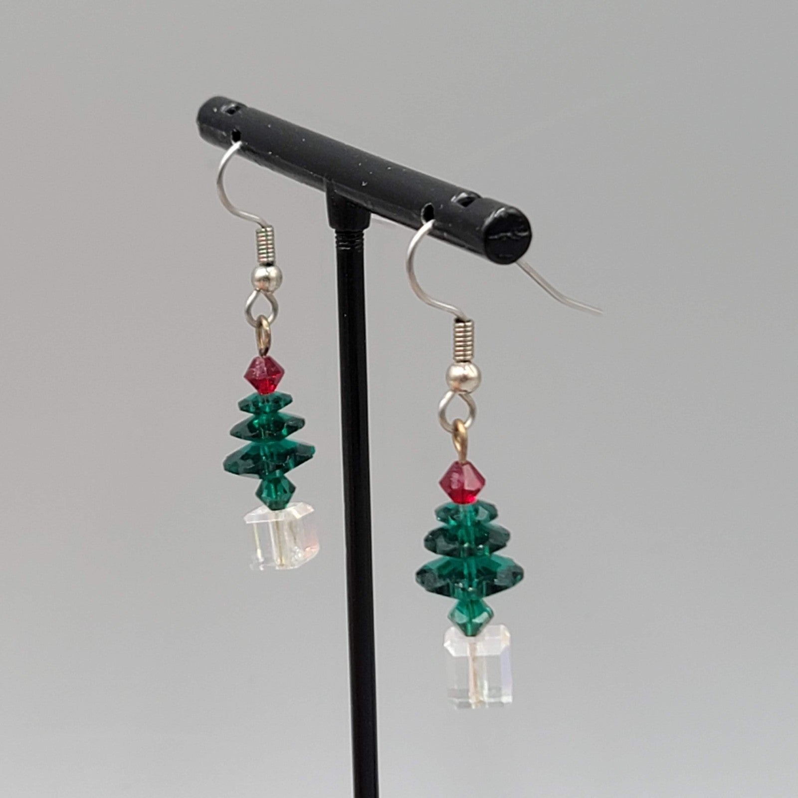 Crystal Stacked Bead Christmas Tree Pierced Earrings Silver tone Dangle 1 in
