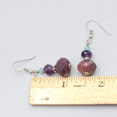 Crystal Amethyst Agate Bead Pierced Earrings Silver tone Dangle 1 in