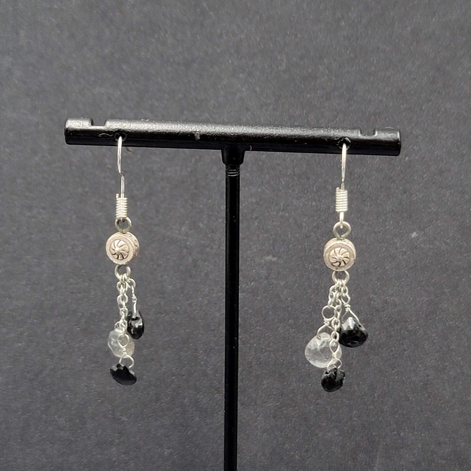 Pierced Earrings Silver tone Black Gray Stones on Dangle Chains 1.25"