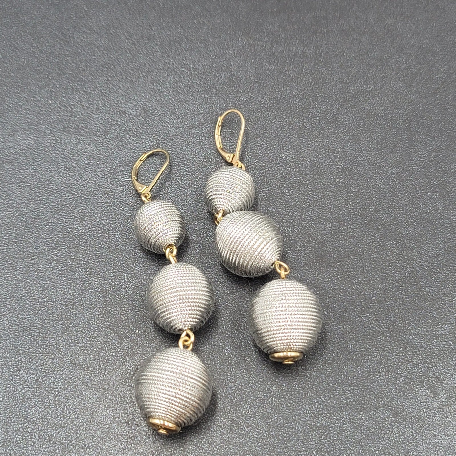 Pierced Earrings Silver tone Cord Covered Spheres Gold tone Leverback 2.5"
