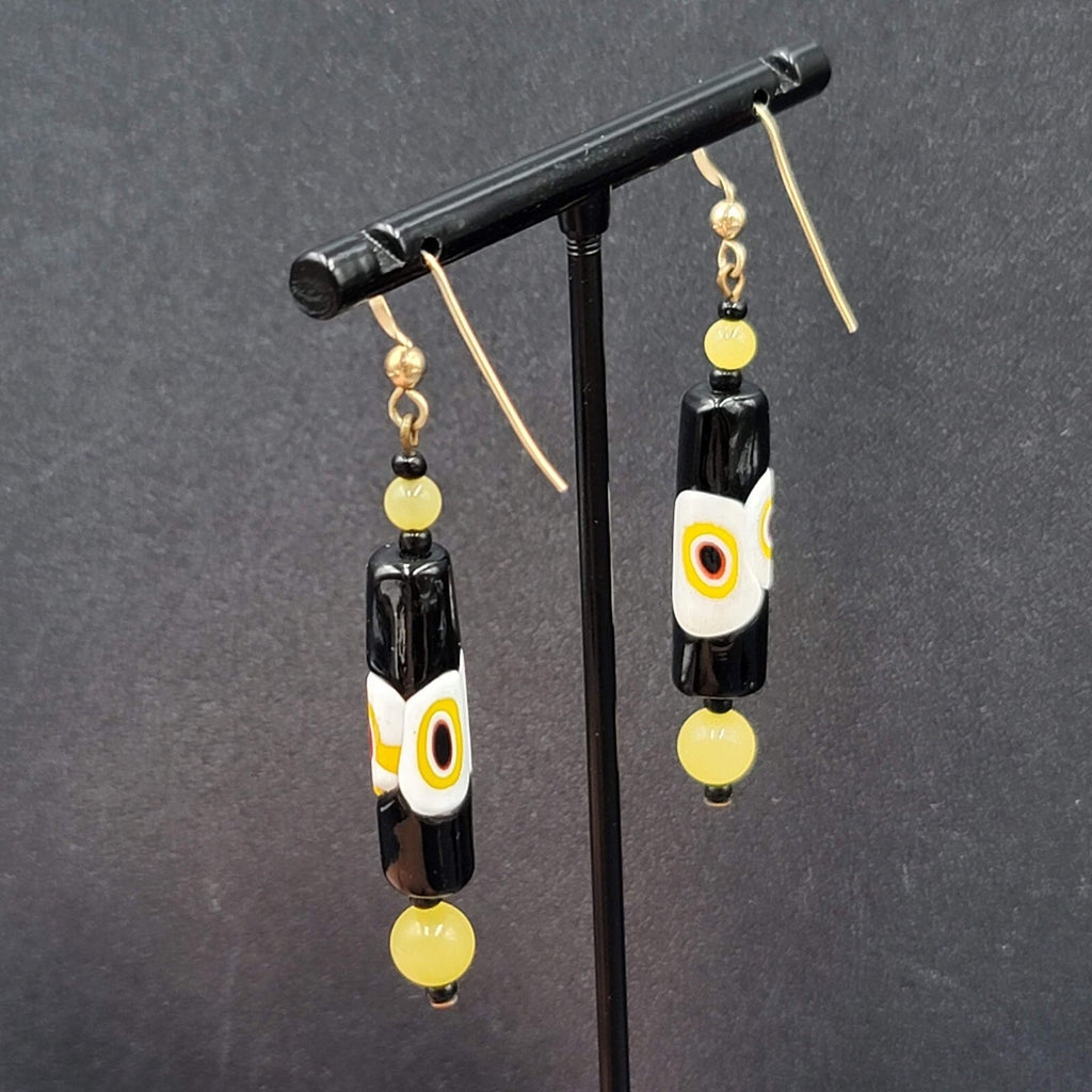 Pierced Earrings Gold tone Black Yellow White Art Glass Barrel Bead 1 7/8"
