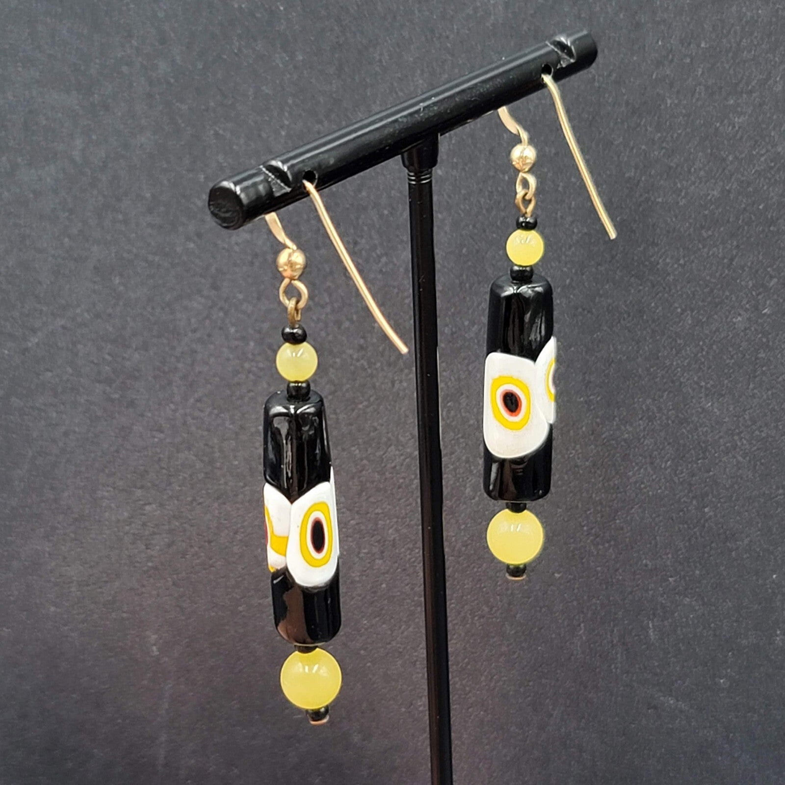 Pierced Earrings Gold tone Black Yellow White Art Glass Barrel Bead 1 7/8"