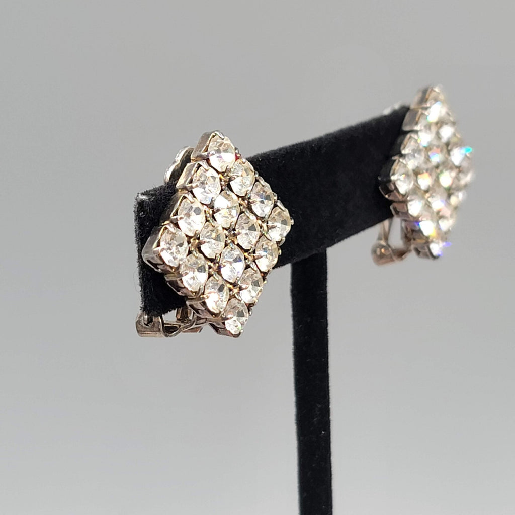 Vintage Square Rhinestone Clip on Earrings Silver tone 7/8"