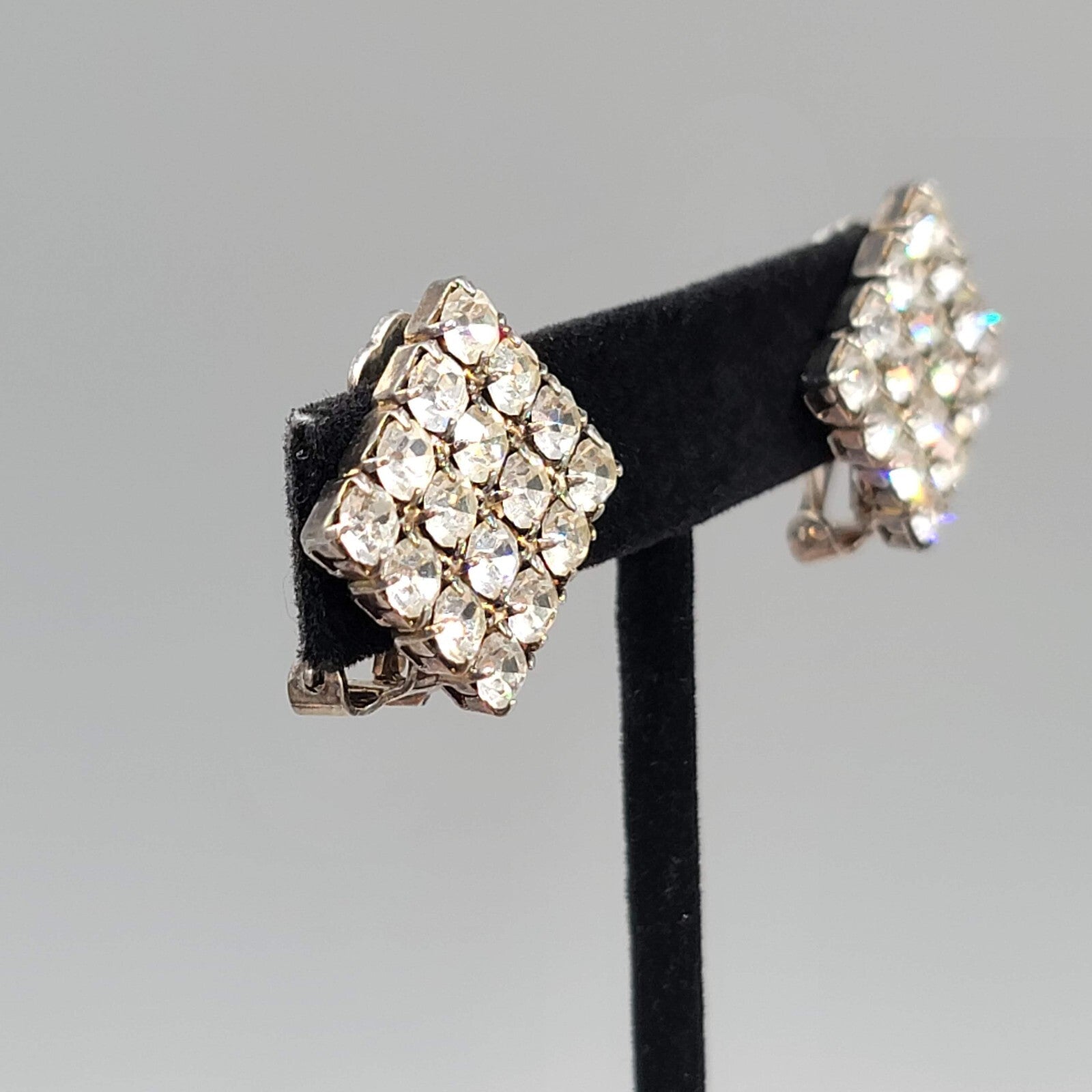 Vintage Square Rhinestone Clip on Earrings Silver tone 7/8"