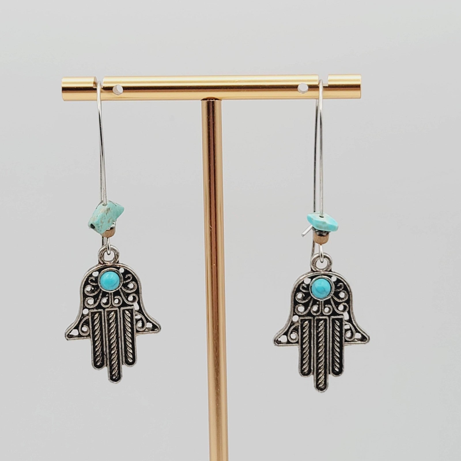 Hamsa Hand Boho Bead Pierced Earrings Silver tone Dangle  2.5 in