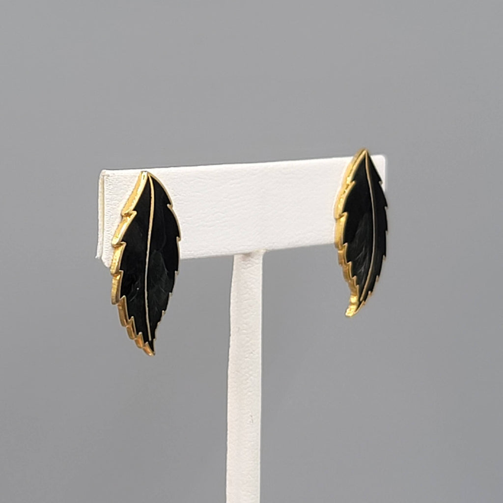 Vintage Guilloche Enamel Pierced Earrings Gold tone Green Black Drop 1 1/8"