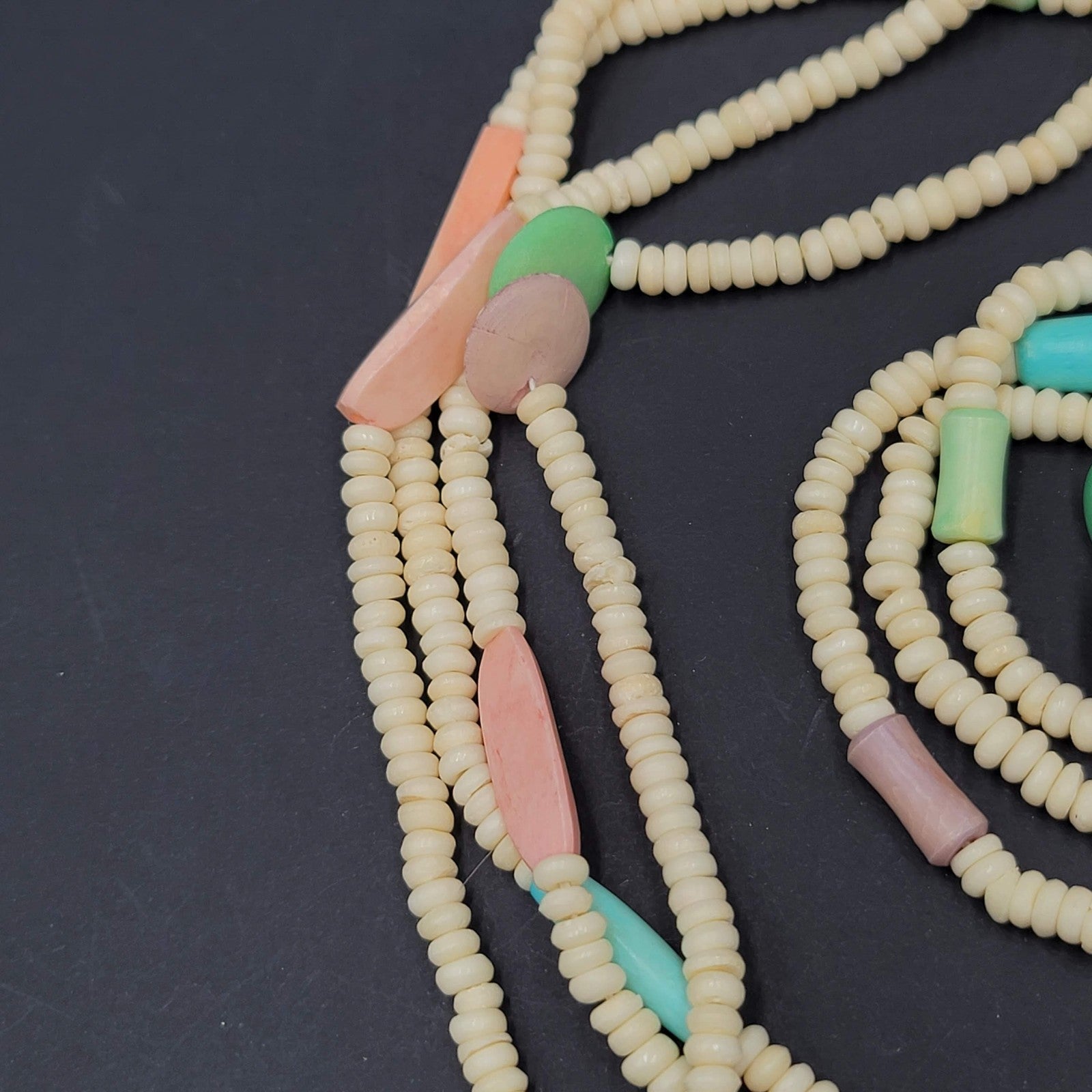 Vintage Multi Strand Beaded Necklace Carved Pastel Beads Toggle Clasp 24"