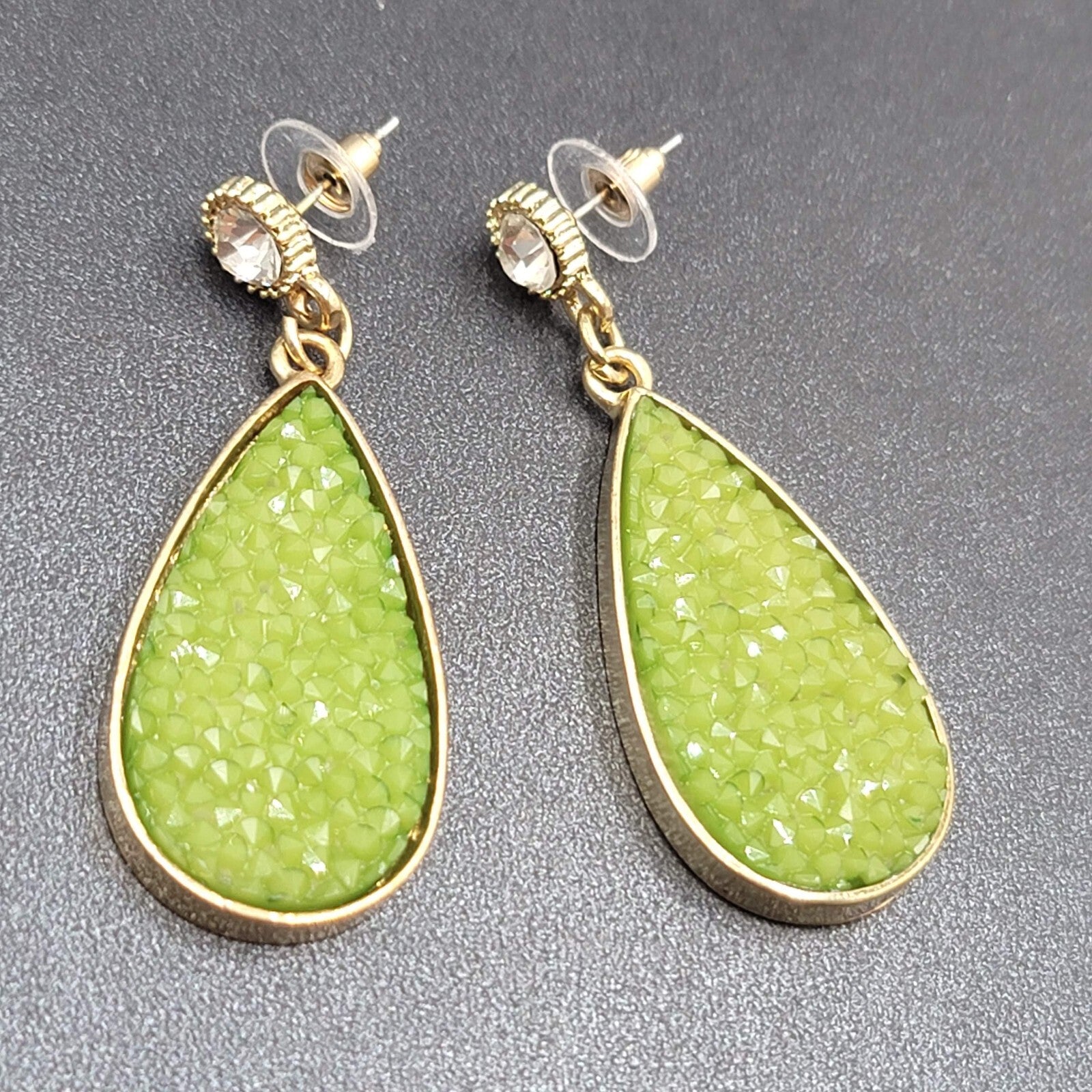 Pierced Earrings Gold tone Green Druzy Style Statement Dangle 2.25"