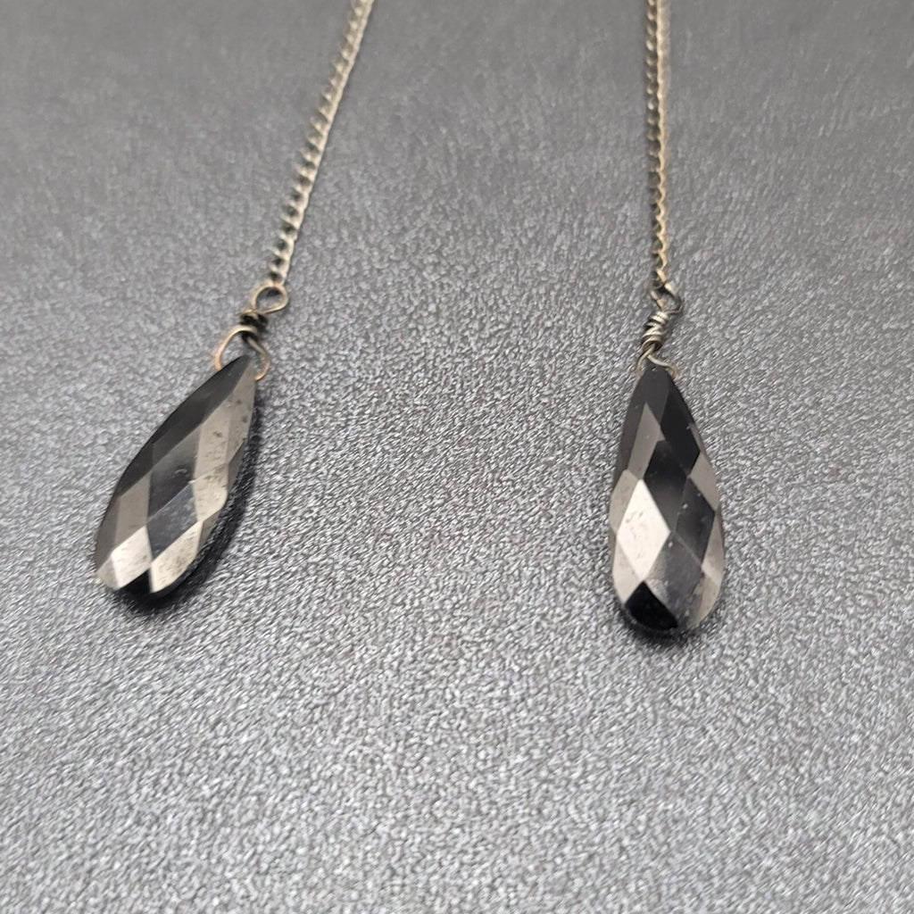 Pierced Earrings Gun Metal Black Glass Faceted Teardrop Bead Dangle Chain 2.5"