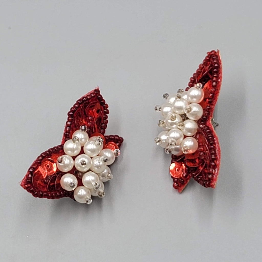 Vintage Red Sequin Statement Pierced Earrings White Bead Drop 1.5"