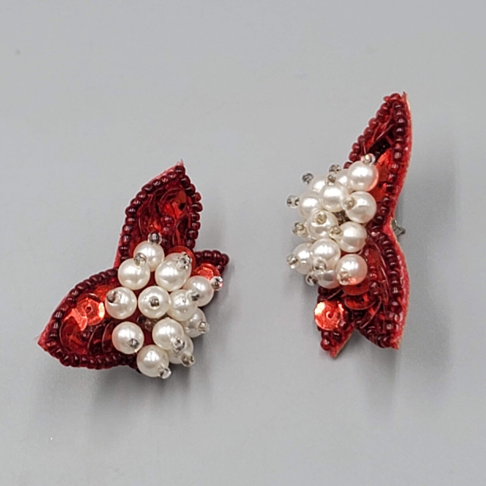 Vintage Red Sequin Statement Pierced Earrings White Bead Drop 1.5"