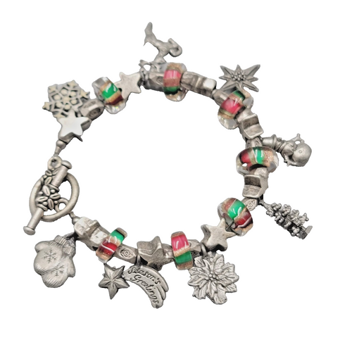 Christmas Charm Bracelet Gray Metal Toggle Closure Red Green Glass Beads 6.5"