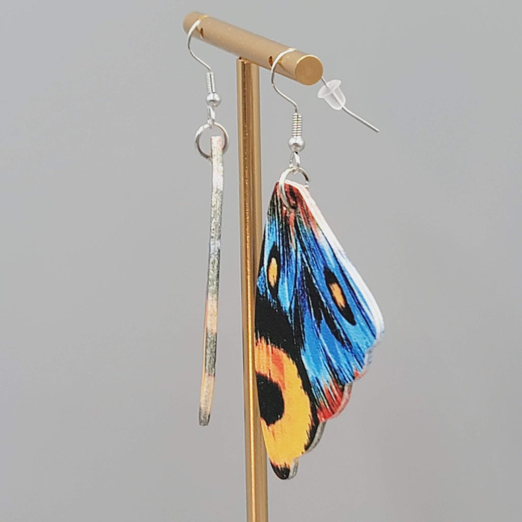 Butterfly Wing Pierced Earrings Blue Orange Statement Dangle 2.25"