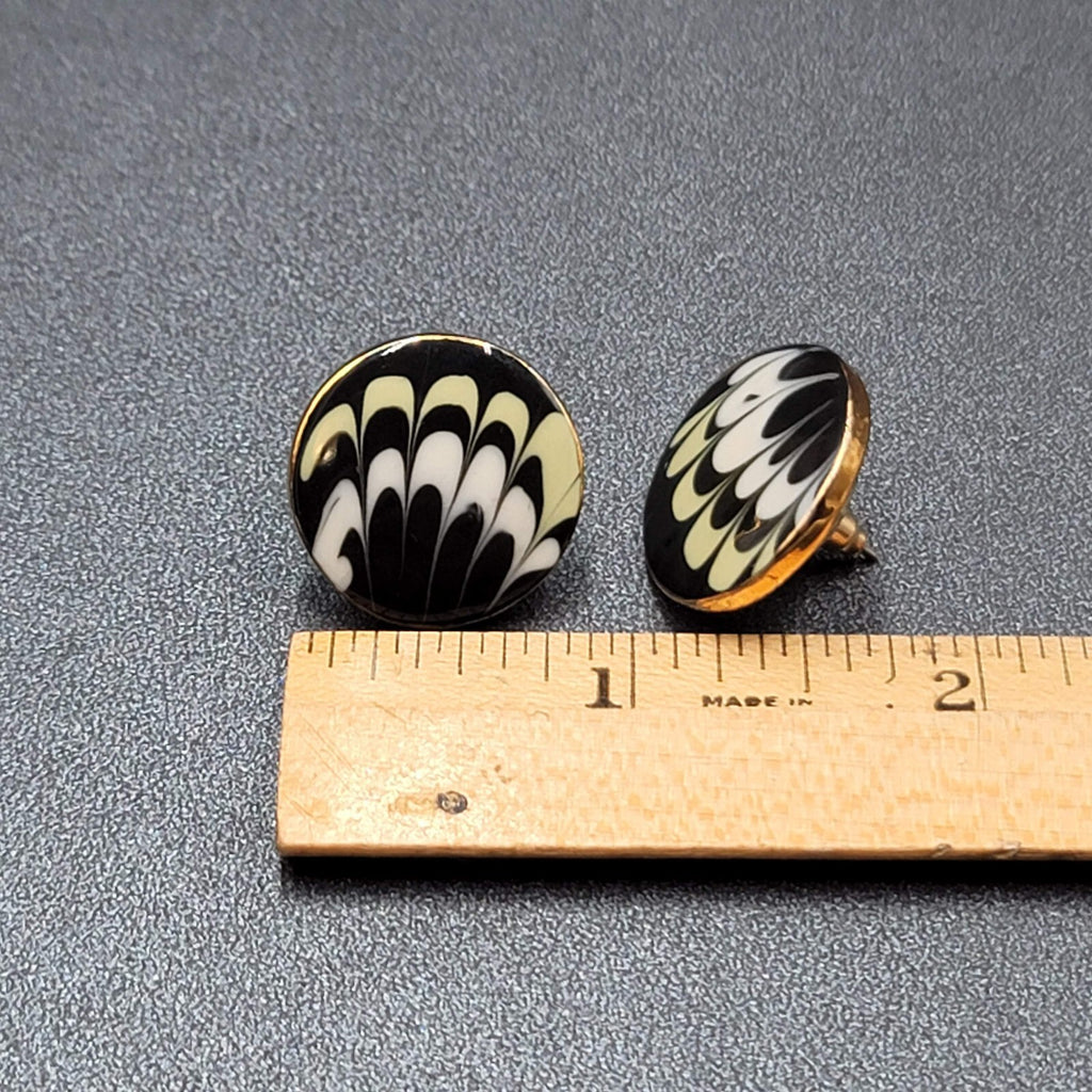 Vintage Pierced Earrings Hand Painted Ceramic Round Studs 7/8"