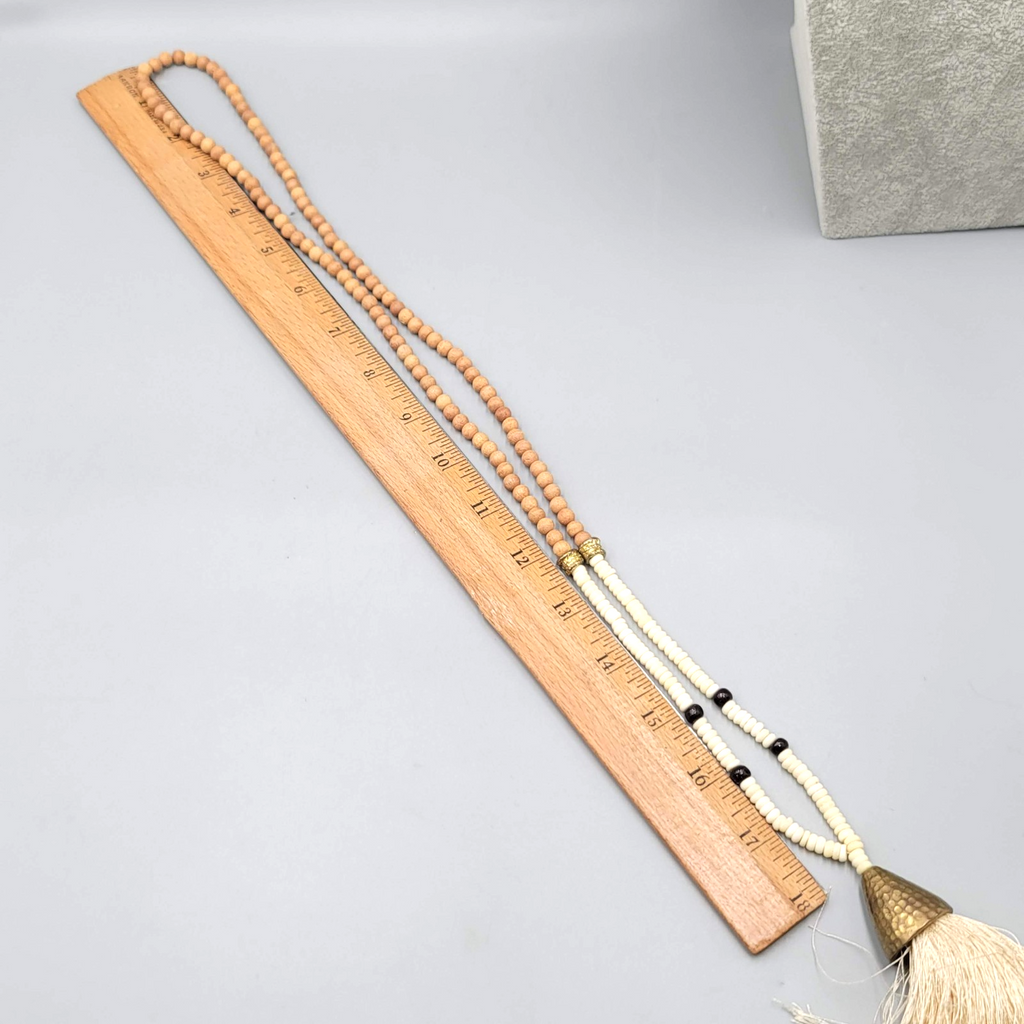Long Wood and Cow Bone Bead Necklace Large Tassel Pendant 36 in