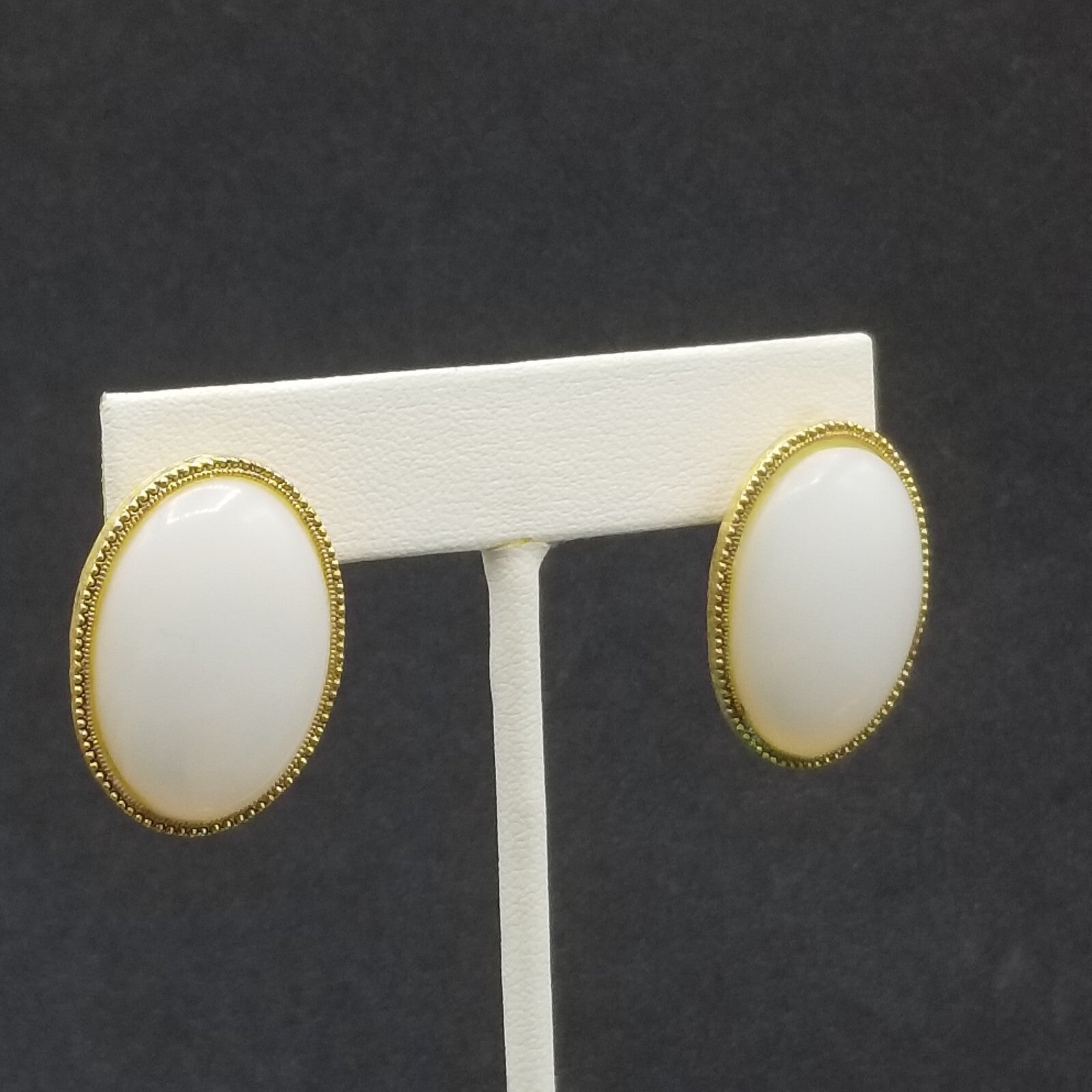 Pierced Earrings Gold tone White Glass Cabochon Drop 1 1/8"