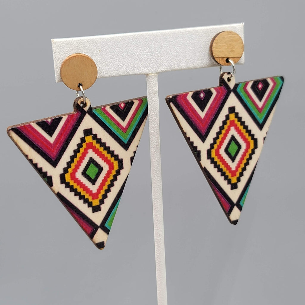 Large Wood Boho Statement Pierced Earrings Multicolor Design Triangle  2.5"