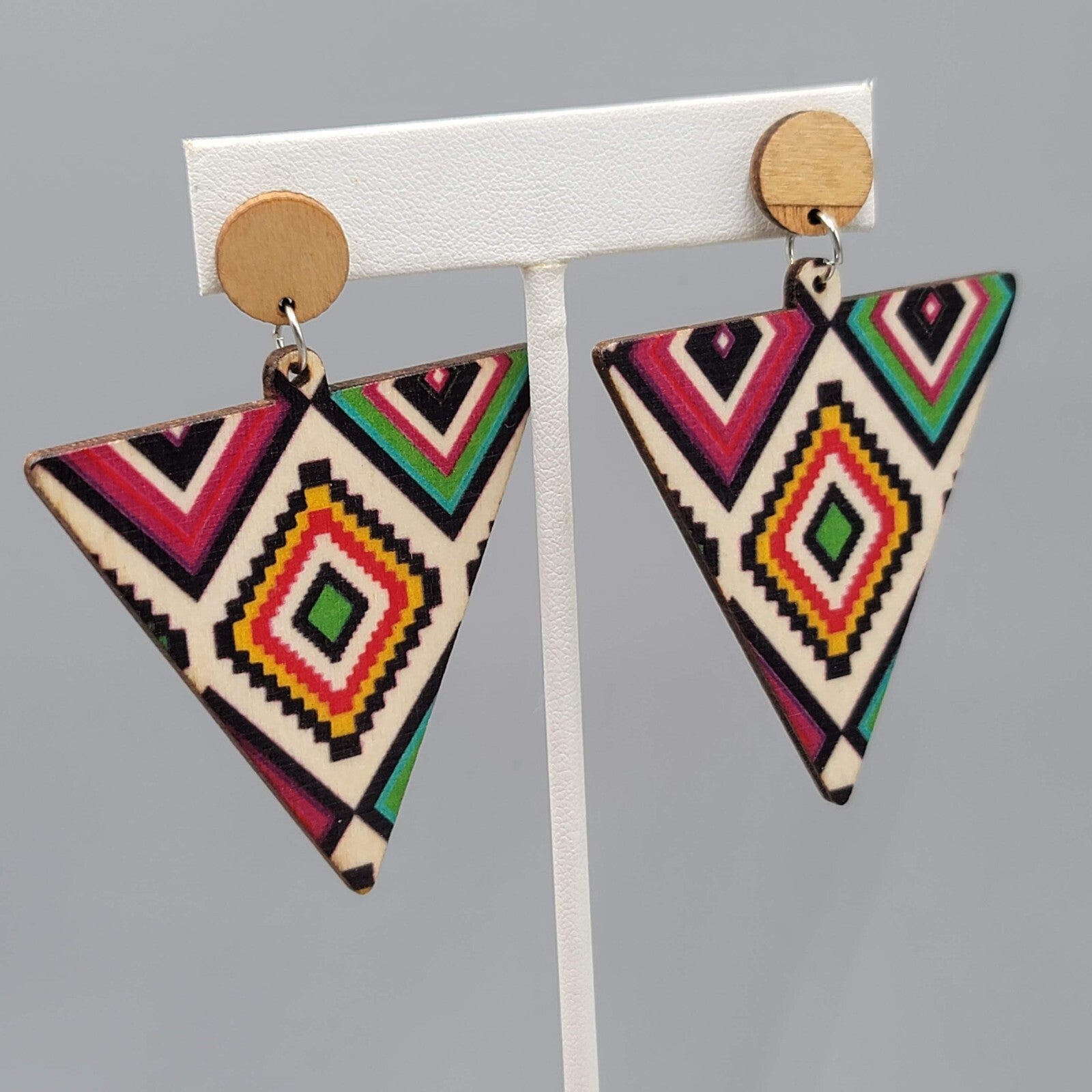 Large Wood Boho Statement Pierced Earrings Multicolor Design Triangle  2.5"