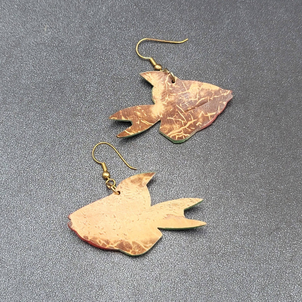 Vintage Pierced Earrings Coconut Shell Carved Fish Painted 2"