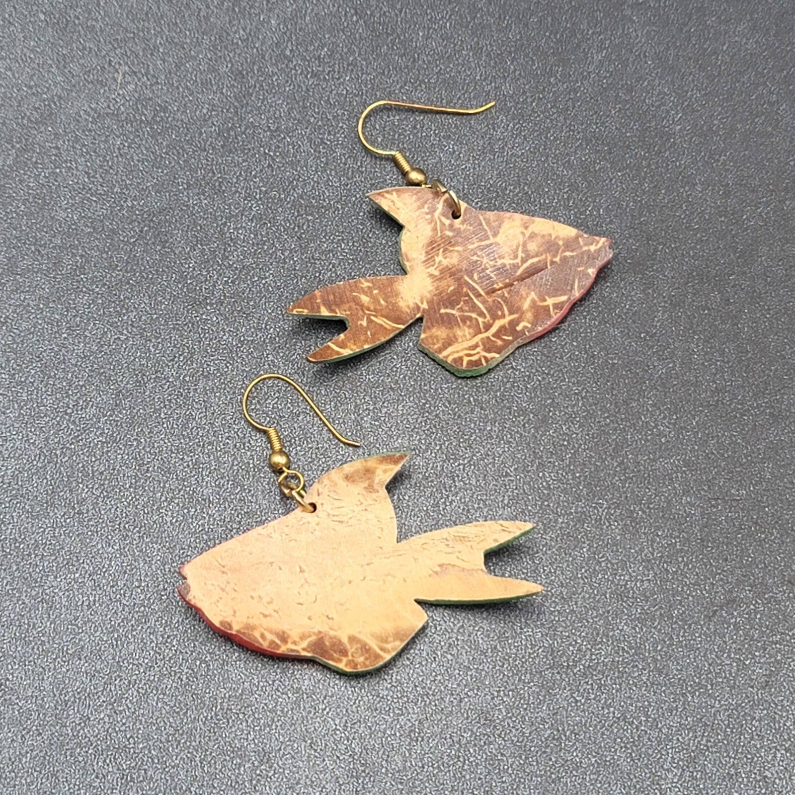 Vintage Pierced Earrings Coconut Shell Carved Fish Painted 2"