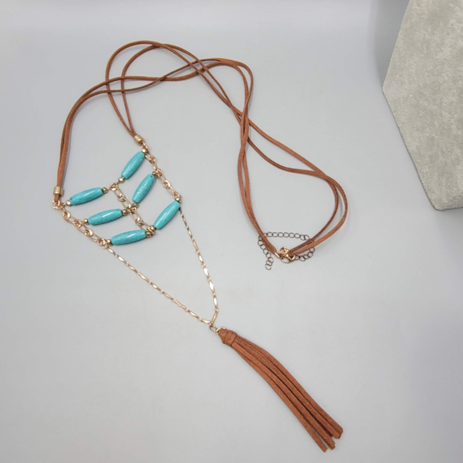 LONG Leather Southwest Style Necklace Blue Bead 40"