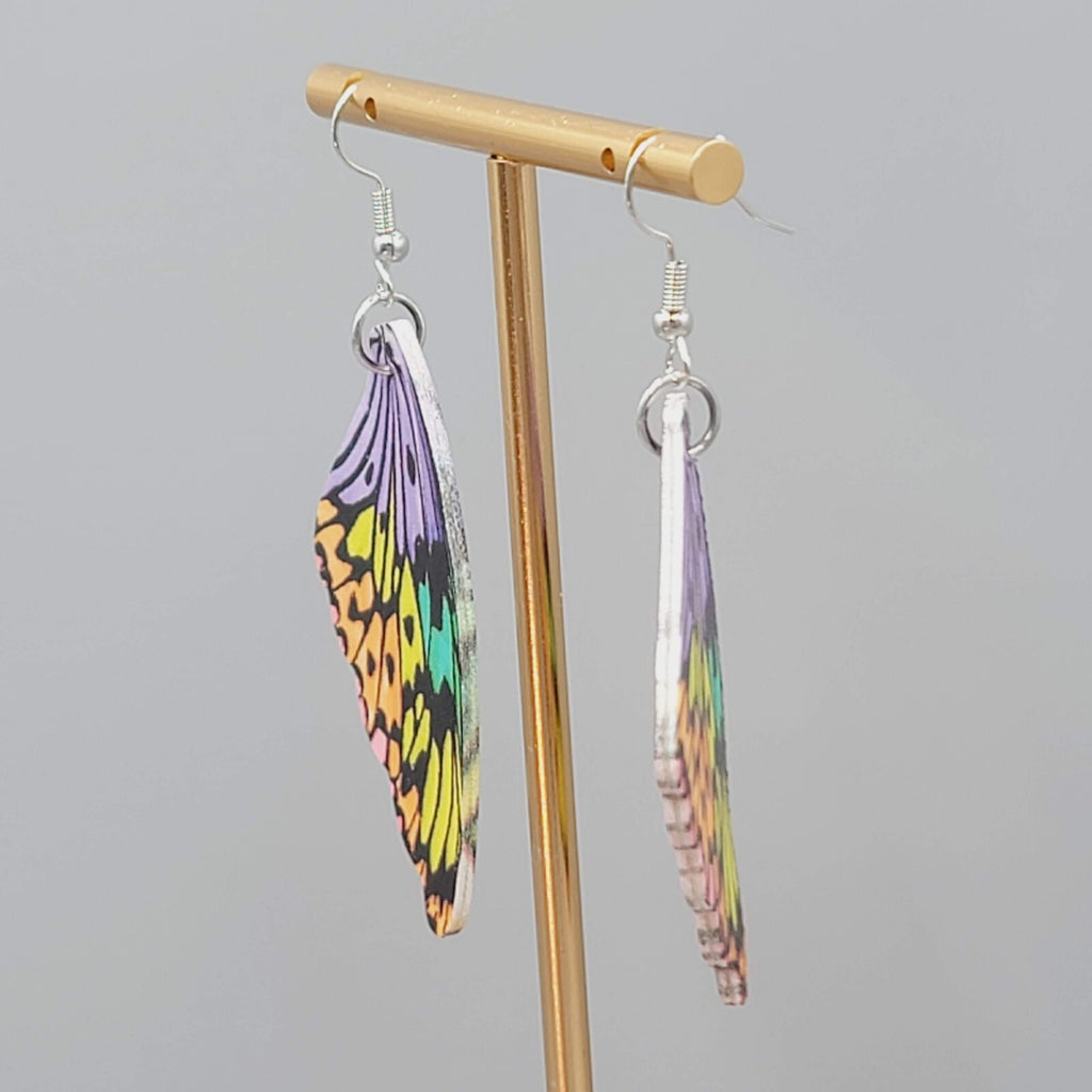 Butterfly Wing Pierced Earrings Purple Yellow Orange Statement Dangle 2.25"