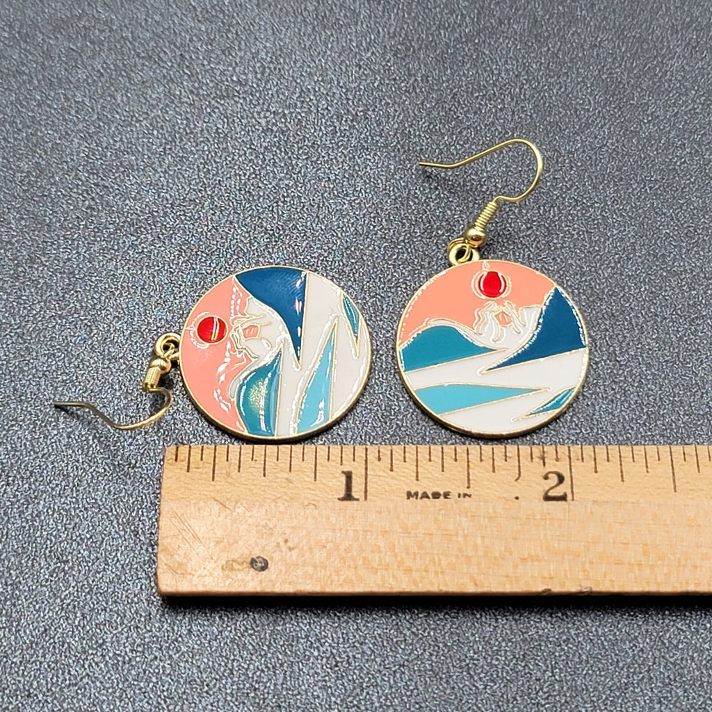 Kitty Cat Playing w Sun Pierced Earrings Japanese Style Art Gold tone Dangle 1"