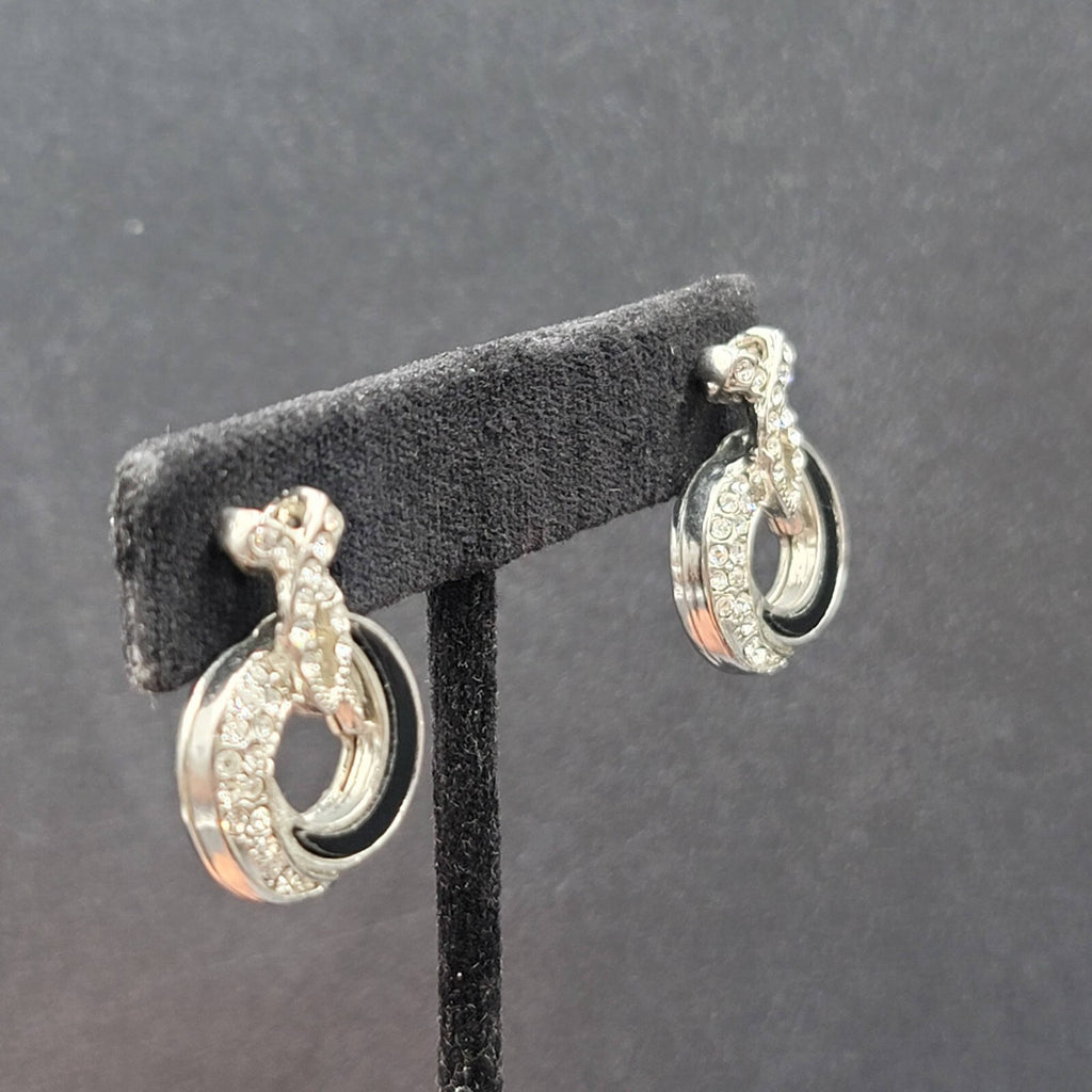 Pierced Earrings Silver tone Black Enamel Rhinestone Drop 1"