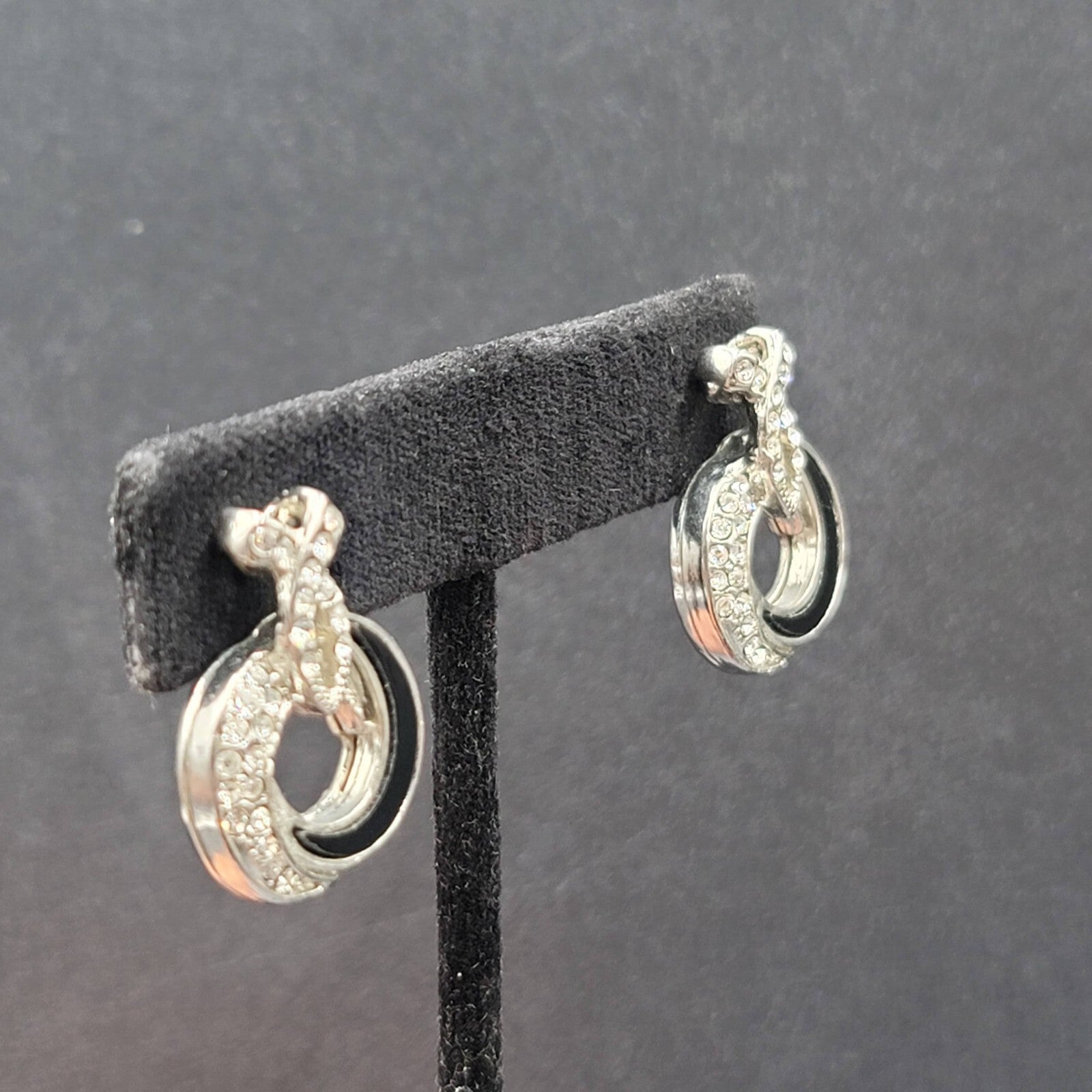 Pierced Earrings Silver tone Black Enamel Rhinestone Drop 1"