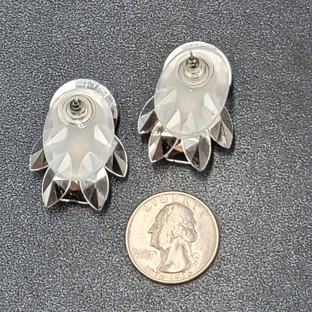 Pierced Earrings Silver tone Large Statement Acrylic Sparkle 1 3/8"