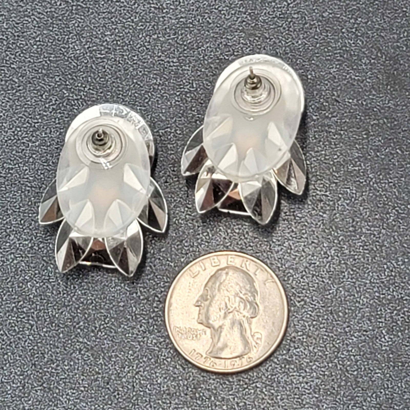 Pierced Earrings Silver tone Large Statement Acrylic Sparkle 1 3/8"