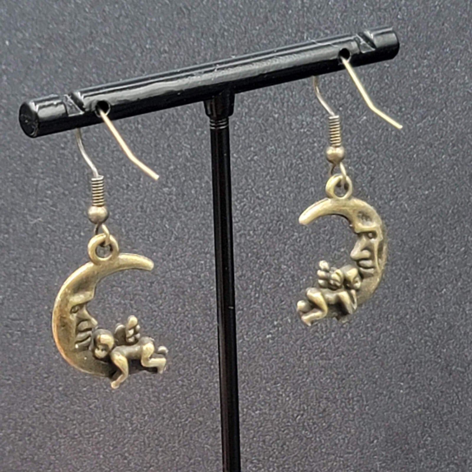 New Cherub Angel Moon Pierced Earrings Bronze tone Dangle 3/4"