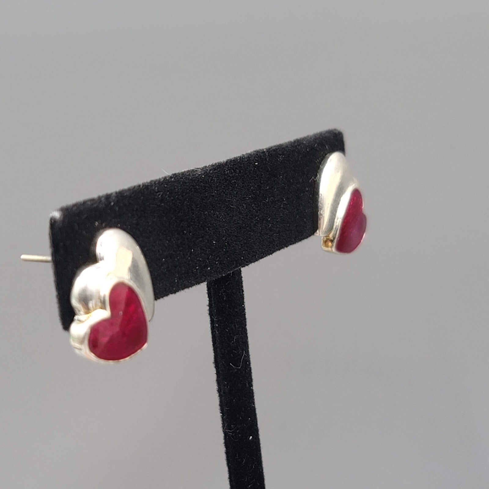 Heart Pierced Earrings Silver tone Red Enamel Studs Hearts 5/8"