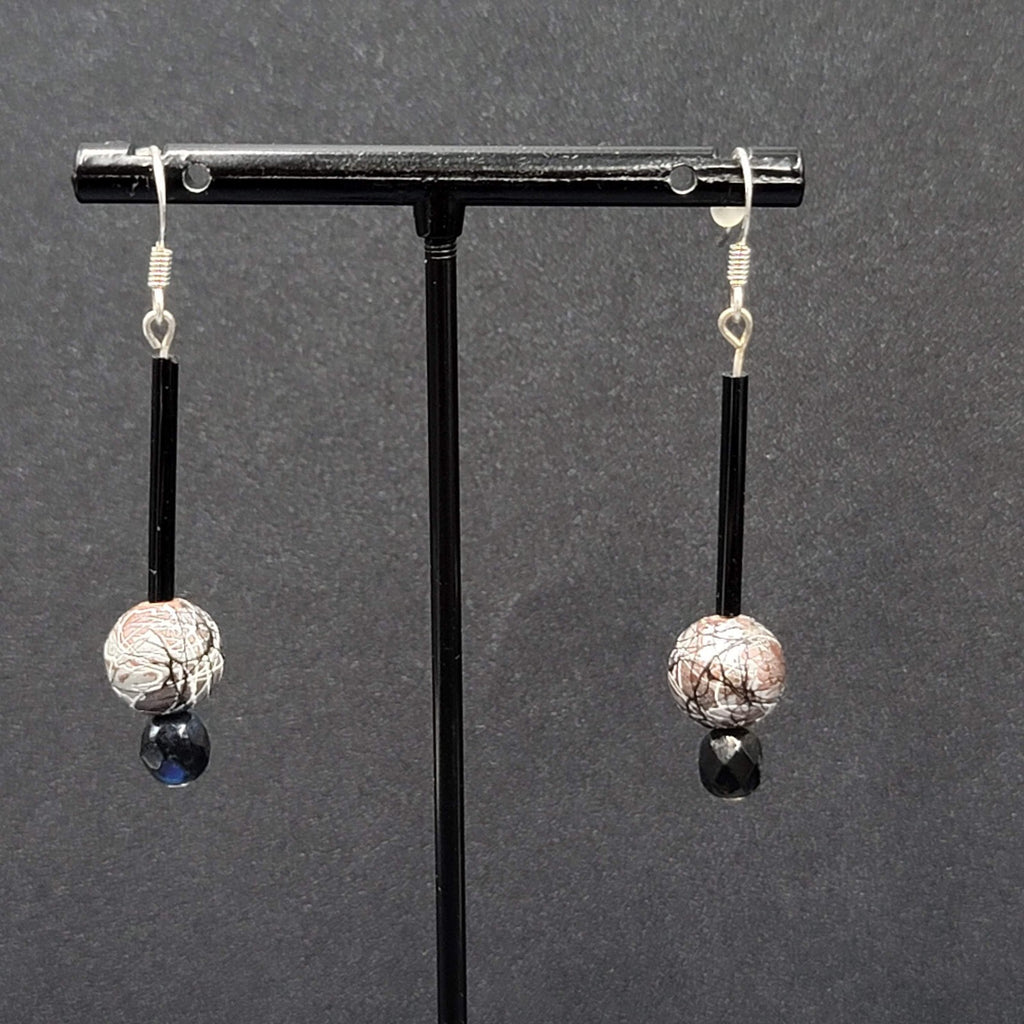 Pierced Earrings Silver tone Black Glass Bead Hand Painted 1.75"