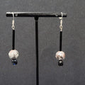 Pierced Earrings Silver tone Black Glass Bead Hand Painted 1.75"