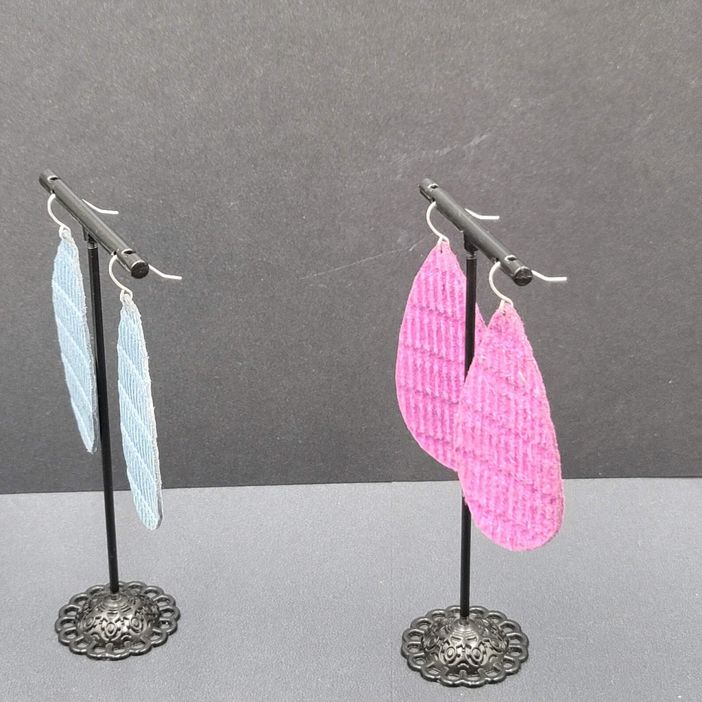 Pierced Earrings Purple Blue Teardrop Fabric Dangle 2.5"