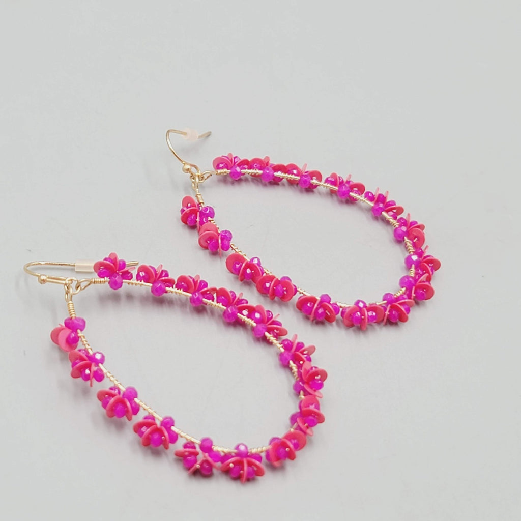 Pink Beaded Flower Teardrop Hoops Pierced Earrings Gold tone Dangle 2"