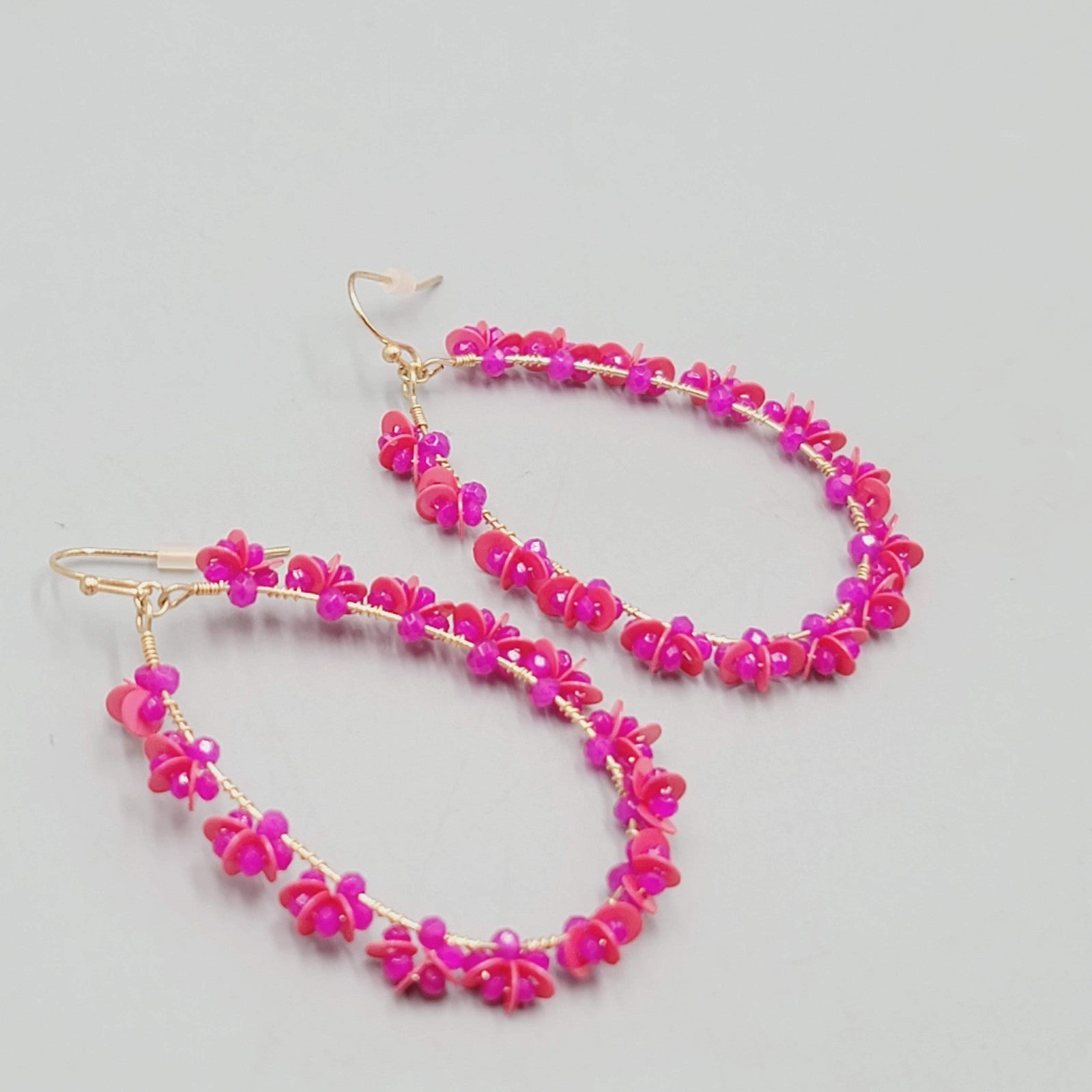 Pink Beaded Flower Teardrop Hoops Pierced Earrings Gold tone Dangle 2"
