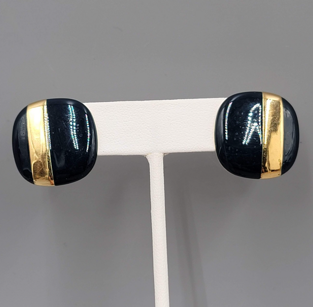Vintage Monet Pierced Earrings Dark Navy Blue Enamel Gold Plated Square Drop 1"