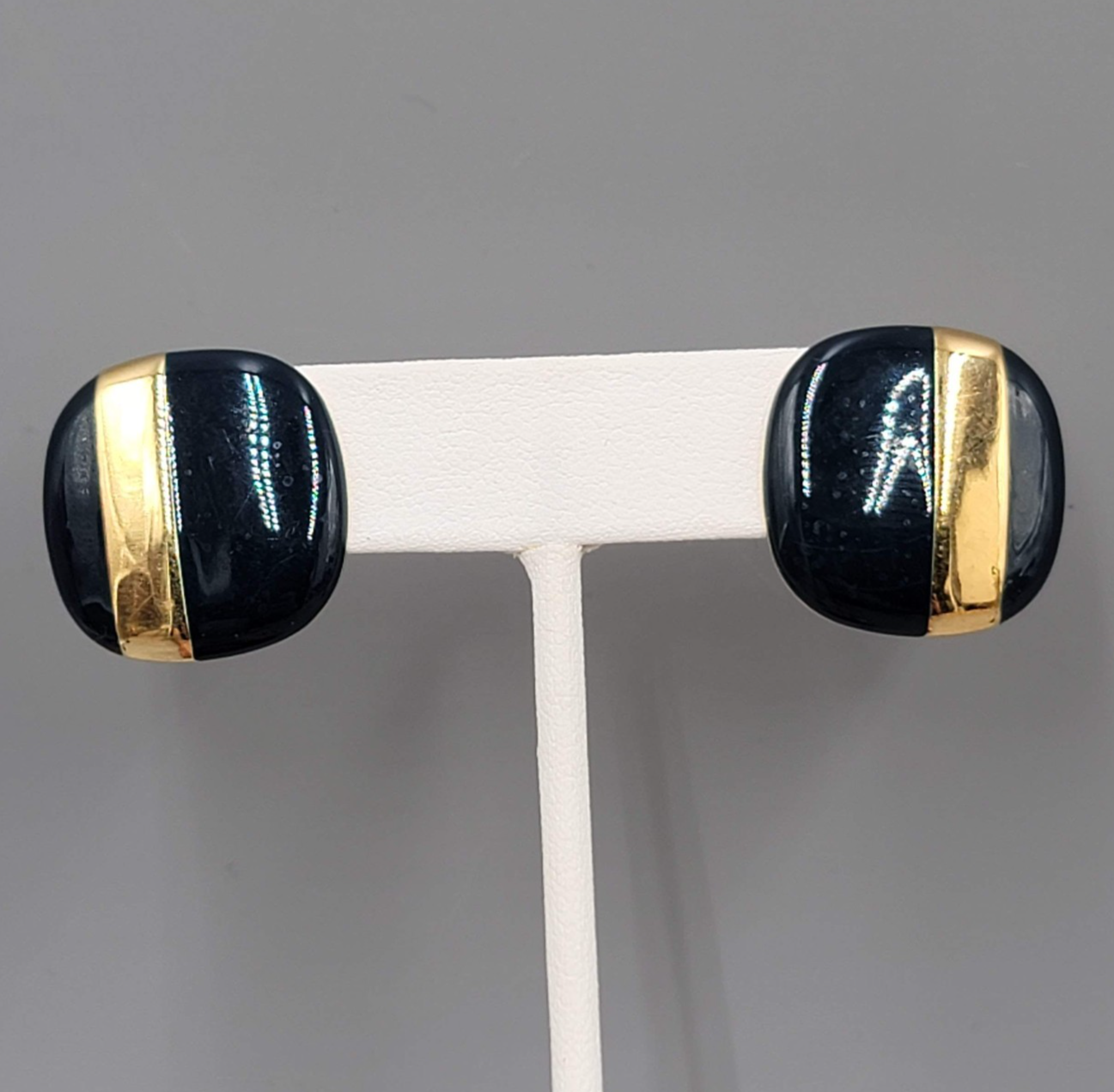 Vintage Monet Pierced Earrings Dark Navy Blue Enamel Gold Plated Square Drop 1"
