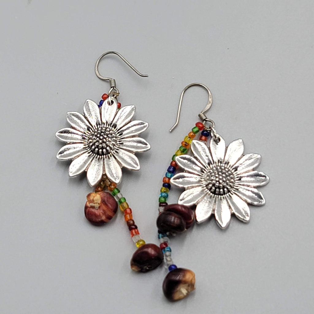 Flower Pierced Earrings Seed Beads Silver tone Dangle 2.25"