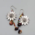 Flower Pierced Earrings Seed Beads Silver tone Dangle 2.25"