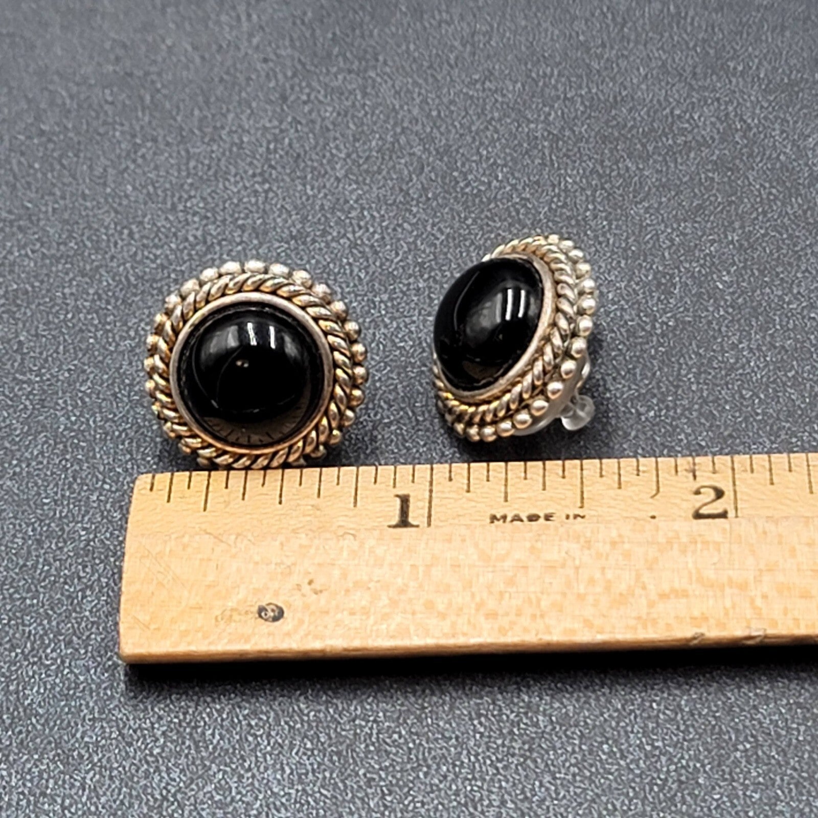 Vintage Clip on Earrings Silver Plated Black Stone Cabochon Studs 3/4"