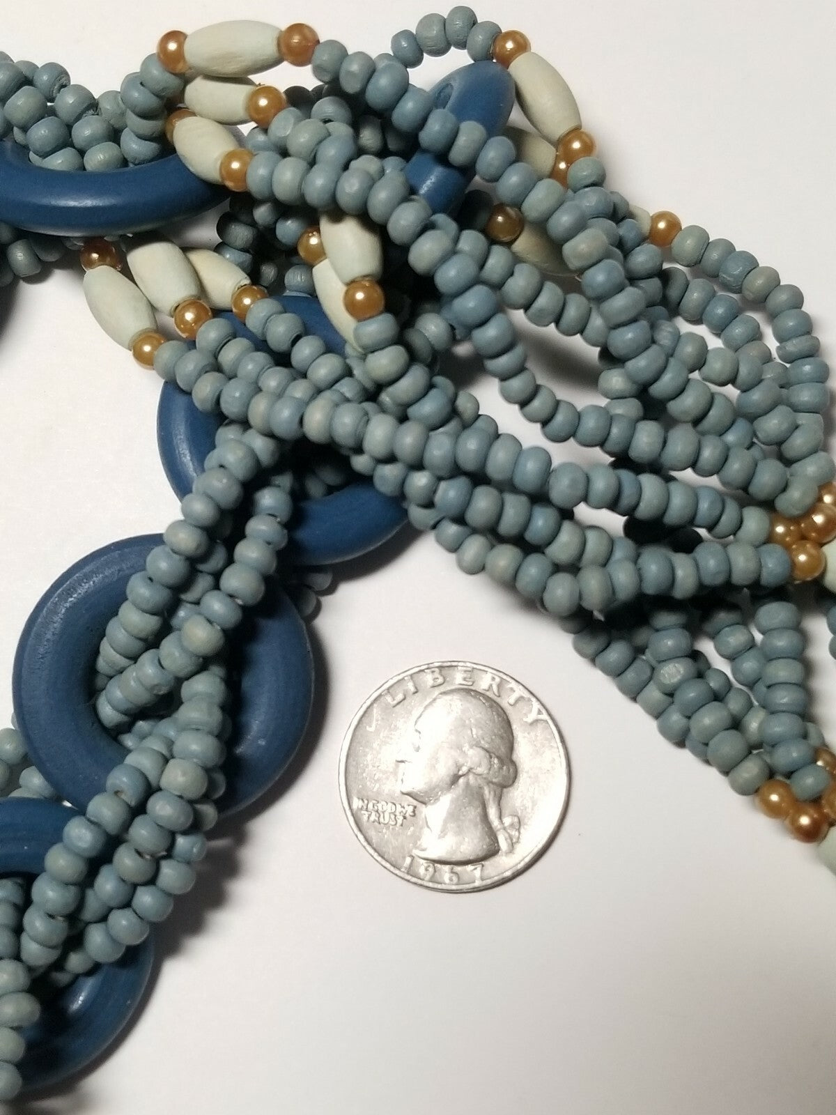 Vintage Blue Weaved Ringed Wooden Beaded Statement Necklace 26"